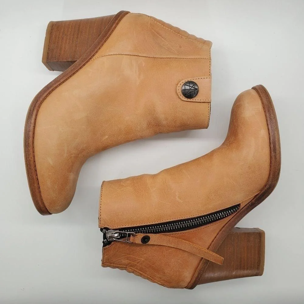 Surface To Air Tan Leather Stacked Block Side-Zip Almond Toe Ankle Boots
